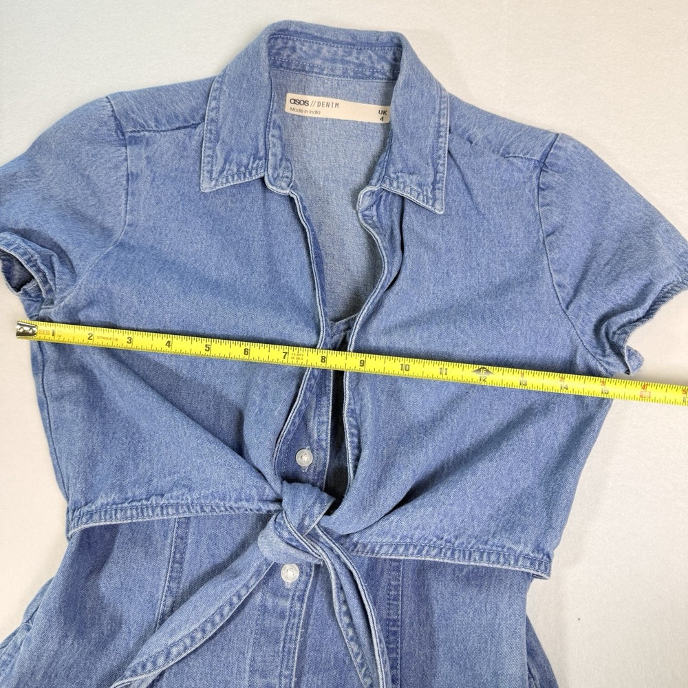 ASOS Denim Tie-Front Mini Dress 100% Cotton US size 0 Cottagecore Western Summer - Picture 6 of 16